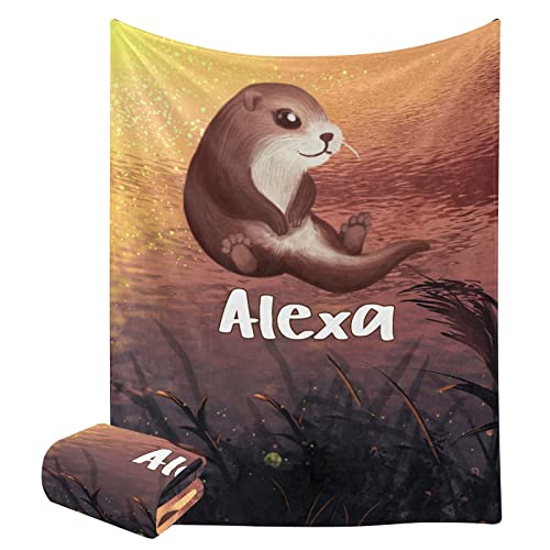 Cute Otter Animal Throw Blanket with Name Text for Bed Sofa Super Soft Fleece Blankets for Gift Baby Kids Adult 50 x 60 Inch