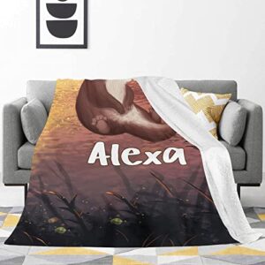 Cute Otter Animal Throw Blanket with Name Text for Bed Sofa Super Soft Fleece Blankets for Gift Baby Kids Adult 50 x 60 Inch