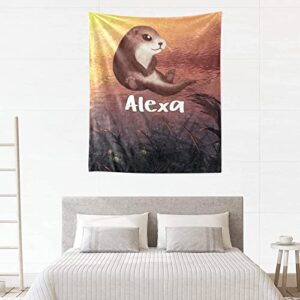 Cute Otter Animal Throw Blanket with Name Text for Bed Sofa Super Soft Fleece Blankets for Gift Baby Kids Adult 50 x 60 Inch