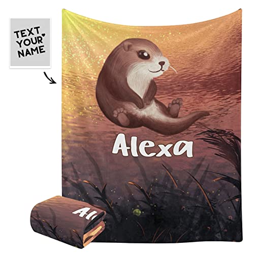 Cute Otter Animal Throw Blanket with Name Text for Bed Sofa Super Soft Fleece Blankets for Gift Baby Kids Adult 50 x 60 Inch