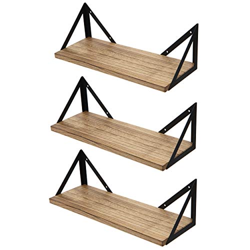 Wallniture Minori Floating Shelves Set of 3, Small Bookshelf Unit for Living Room, Office, and Bedroom, Natural Burned Rustic Wood Wall Decor with Metal Floating Shelf Bracket 6D x 17W x 5.5H in