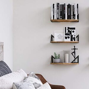 Wallniture Minori Floating Shelves Set of 3, Small Bookshelf Unit for Living Room, Office, and Bedroom, Natural Burned Rustic Wood Wall Decor with Metal Floating Shelf Bracket 6D x 17W x 5.5H in
