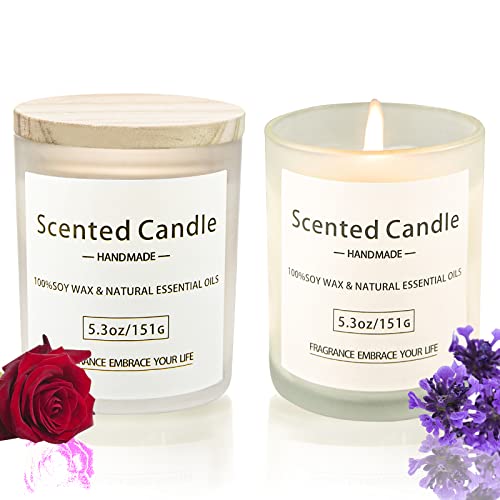 OSHINE Scented Soy Candle 2 Packs Lavender Rose Aroma Total 10.6 OZ Burn 80 Hours 8% Natural Essential Oils Frosted Glass jar Wooden Cover Rubber Seal Gift Set for Women Bathing Yoga Birthday