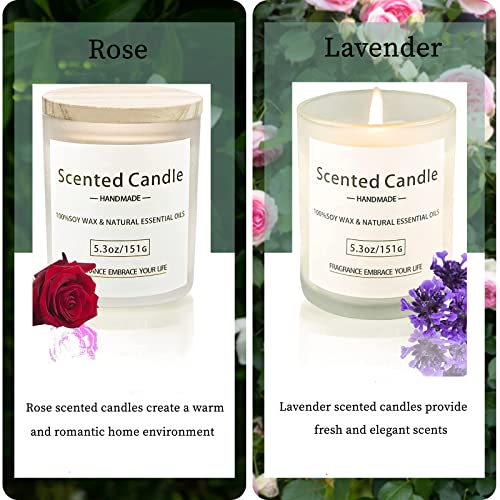 OSHINE Scented Soy Candle 2 Packs Lavender Rose Aroma Total 10.6 OZ Burn 80 Hours 8% Natural Essential Oils Frosted Glass jar Wooden Cover Rubber Seal Gift Set for Women Bathing Yoga Birthday