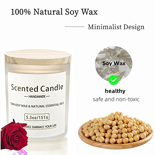 OSHINE Scented Soy Candle 2 Packs Lavender Rose Aroma Total 10.6 OZ Burn 80 Hours 8% Natural Essential Oils Frosted Glass jar Wooden Cover Rubber Seal Gift Set for Women Bathing Yoga Birthday