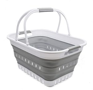 sammart 30l (8 gallon) collapsible tub with handle – portable outdoor picnic basket/crater – foldable shopping bag – space saving storage container (white/grey, 1)