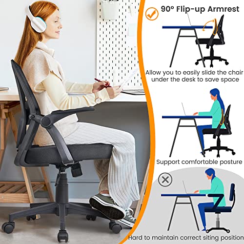 Yaheetech Home Office Chair Work Desk Chair Swivel Computer Mesh Chair with Flip-up Arms Adjustable Height Lumbar Support Executive Office Task Chair for Home Office Students Study, Black