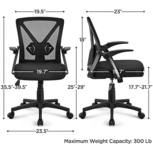 Yaheetech Home Office Chair Work Desk Chair Swivel Computer Mesh Chair with Flip-up Arms Adjustable Height Lumbar Support Executive Office Task Chair for Home Office Students Study, Black