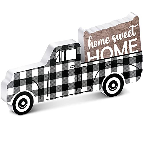 Jetec Wooden Pickup Truck, Black and White Plaid Wooden Ornament, Home Sweet Home Wooden Decor for Window Shelf Desk and Home Decor