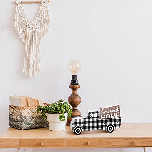 Jetec Wooden Pickup Truck, Black and White Plaid Wooden Ornament, Home Sweet Home Wooden Decor for Window Shelf Desk and Home Decor