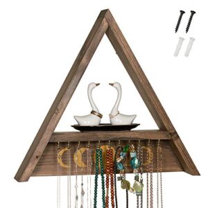 Rustix Rustic Wooden Hanging Jewelry Wall Organizer Triangle Shelf with Moon Phases and Small Hooks for Earring, Necklace, Crystal Display, and Small Decor