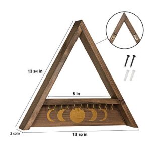 Rustix Rustic Wooden Hanging Jewelry Wall Organizer Triangle Shelf with Moon Phases and Small Hooks for Earring, Necklace, Crystal Display, and Small Decor