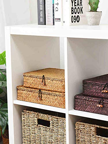 Flat Seagrass Storage Bins with Lid, Wicker Basket for Shelf Organize, Set of 2 (Small+Large)