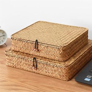 Flat Seagrass Storage Bins with Lid, Wicker Basket for Shelf Organize, Set of 2 (Small+Large)