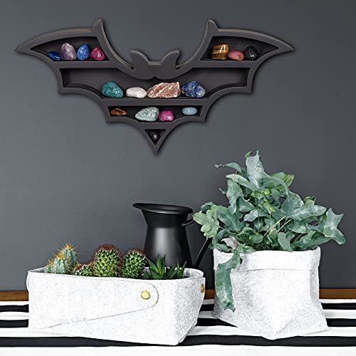 RUSTIX Black Vampire Bat Shelf - Crystal Holder for Spooky Horror Gothic Witchy Room Decor - Wall Mounted Hanging Floating Wooden Shelves for Goth Kitchen Bedroom or Bathroom