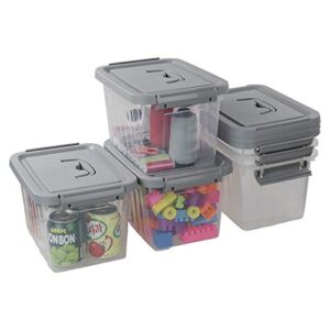 gloreen 6 quart clear storage bins with grey lid and handle, stackable plastic storage latch box/containers, 6 packs