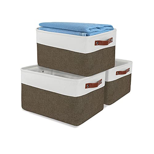 D.K AMZ Foldable Storage Bins with Handles, Rectangle Fabric Storage Basket for Shelves, Collapsible Closet Organizer for Home Office, 3 pack-15 x 11 Inches, Beige and Brown (YMXHZ019004)