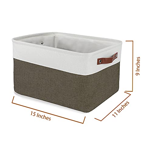 D.K AMZ Foldable Storage Bins with Handles, Rectangle Fabric Storage Basket for Shelves, Collapsible Closet Organizer for Home Office, 3 pack-15 x 11 Inches, Beige and Brown (YMXHZ019004)