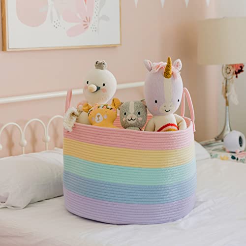 OrganiHaus Cute Basket for Rainbow Classroom Decor | Cotton Rope Baskets for Storage | Toybox for Pastel Room Decor | Extra Large Blanket Basket for Living Room | Toy Basket for Playroom Decor - 20x13