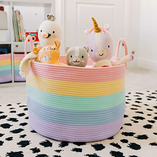 OrganiHaus Cute Basket for Rainbow Classroom Decor | Cotton Rope Baskets for Storage | Toybox for Pastel Room Decor | Extra Large Blanket Basket for Living Room | Toy Basket for Playroom Decor - 20x13