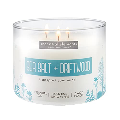 Essential Elements by Candle-lite Scented Candles, Sea Salt & Driftwood Fragrance, One 14.75 oz. Three-Wick Aromatherapy Candle with 45 Hours of Burn Time, Off-White Color