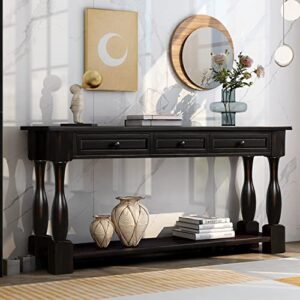 merax lumisol 64 inch long console table with 3 drawers and bottom shelf, sofa table entryway table for hallway, living room, easy assembly (distressed black)