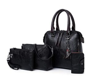 gjgjter synthetic pu leather tote for women satchel crossbody hobo 4pcs handbags shoulder bags tassel fox ornament-black