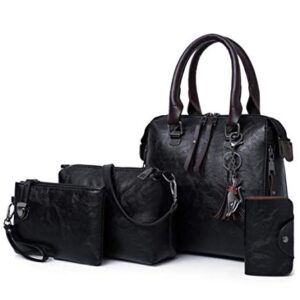 GJGJTER Synthetic PU Leather Tote for Women Satchel Crossbody Hobo 4pcs Handbags Shoulder Bags Tassel Fox Ornament-Black