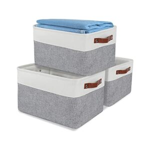 d.k amz foldable storage bins with handles, rectangle fabric storage basket for shelves, collapsible closet organizer for home office, grey & white, 3 pack 15x11in, ymxhz019003