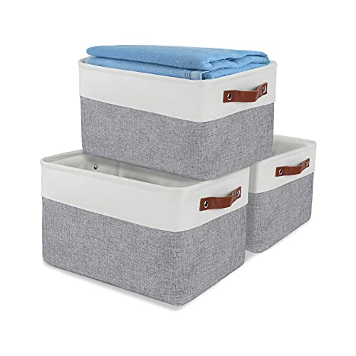 D.K AMZ Foldable Storage Bins with Handles, Rectangle Fabric Storage Basket for Shelves, Collapsible Closet Organizer for Home Office, Grey & White, 3 pack 15x11In, YMXHZ019003