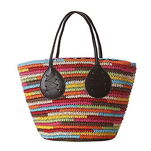 H.S.G.K Large Straw Bag Rainbow Multicolor Shoulder Bags Women's Stripe Handbags Totes Big, Multicolor Multicolor rainbow