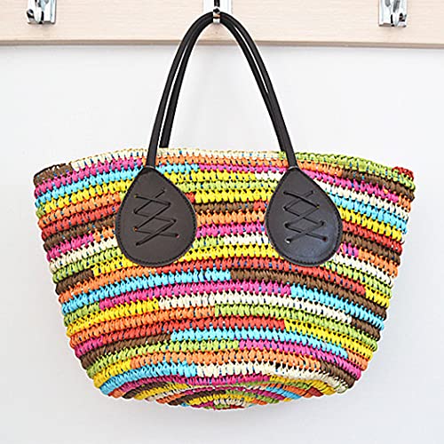 H.S.G.K Large Straw Bag Rainbow Multicolor Shoulder Bags Women's Stripe Handbags Totes Big, Multicolor Multicolor rainbow