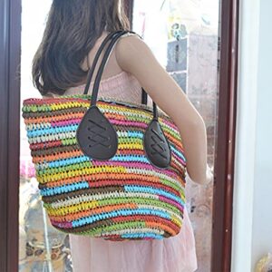 H.S.G.K Large Straw Bag Rainbow Multicolor Shoulder Bags Women's Stripe Handbags Totes Big, Multicolor Multicolor rainbow