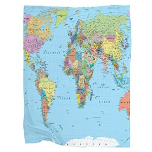 swono world map throw blanket,colored world map with borders countries roads and cities soft warm flannel blanket for couch bedroom blankets for adults girl boy 40″x50″