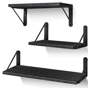 aibors floating shelves for wall, rustic wood wall shelves decor set of 3 for bedroom, bathroom, living room, kitchen, office, laundry room (black)