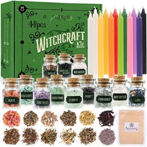 Witchcraft Supplies Kit for Witch Spells – Beginner Witch Starter Kit Crystals Jars Dried Herbs and Colored Candles for Witches Pagan Altar Decor - Wiccan Supplies and Tools Box Witchy Gifts Stuff