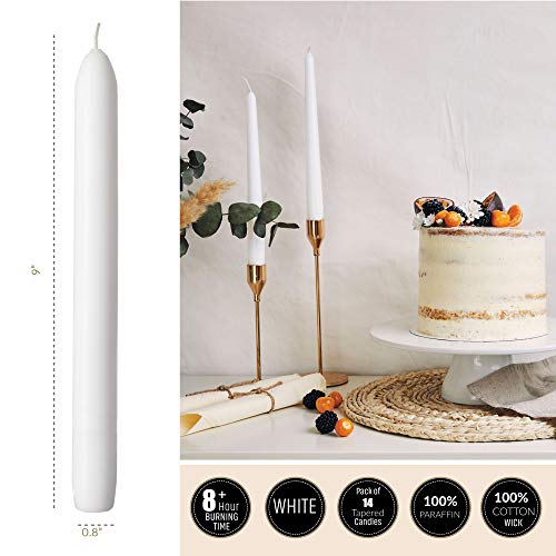 SPAAS Unscented White Candles Sticks - 14 Pack Dripless Tapered Candles - 9" Tall Candles, Burning 8 Hours - Premium White Candlesticks for Home Decoration, Wedding, Holiday and Parties