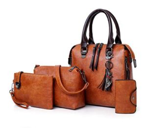 gjgjter synthetic pu leather tote for women satchel crossbody hobo 4pcs handbags shoulder bags tassel fox ornament-brown