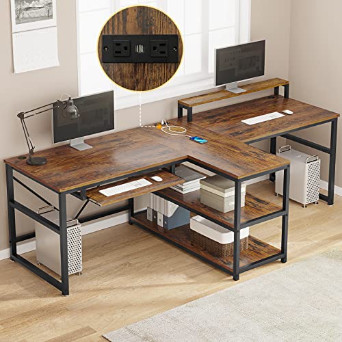 SEDETA 94.5" Home Office Desks, Computer Gaming Desk with Storage, LED Lights, Power Strip with USB, Keyboard Tray & Monitor Stand, Extra Long Double Desk for 2 Person, Rustic Brown