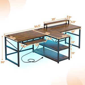 SEDETA 94.5" Home Office Desks, Computer Gaming Desk with Storage, LED Lights, Power Strip with USB, Keyboard Tray & Monitor Stand, Extra Long Double Desk for 2 Person, Rustic Brown