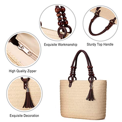 Kadell - Straw Handbag, Summer Beach Bag Women Shoulder Bag Tote Bag Handle Bag Crossbody Bag Shopping Bag Raffia Bag for Work Travel Outdoor School (Beige)