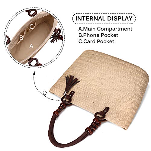 Kadell - Straw Handbag, Summer Beach Bag Women Shoulder Bag Tote Bag Handle Bag Crossbody Bag Shopping Bag Raffia Bag for Work Travel Outdoor School (Beige)