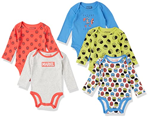 Amazon Essentials Disney | Marvel | Star Wars Baby Boys' Long-Sleeve Bodysuits, Pack of 5, Marvel Friends, 24 Months