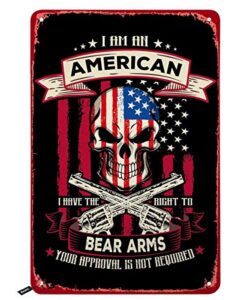swono american flag with skull and gun tin signs,i am an american i have the right to bear arms vintage metal tin sign for men women,wall decor for bars,restaurants,cafes pubs,12×8 inch