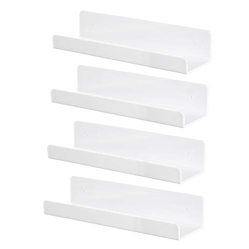 4 PCS White Acrylic Floating Shelves Display Ledge,Wall Mounted Nursery Kids Bookshelf,5mm Thick U Shelf 15 Inch Bathroom Wall Shelf and Storage Rack