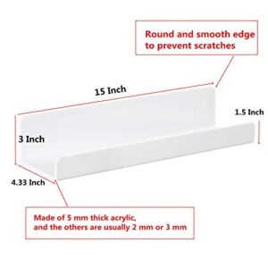 4 PCS White Acrylic Floating Shelves Display Ledge,Wall Mounted Nursery Kids Bookshelf,5mm Thick U Shelf 15 Inch Bathroom Wall Shelf and Storage Rack