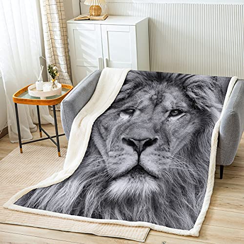 Feelyou Lion Throw Blanket for Bed Sofa Couch Safari Print Sherpa Blanket 3D Wild Animal Pattern Fleece Blanket Gray Wildlife Lion Room Decor Plush Fuzzy Blanket King 87"x95"