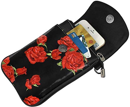 Red Rose Flower Black Women Soft PU Leather Cellphone Purse Wallet Handbag Small Crossbody Shoulder Bag