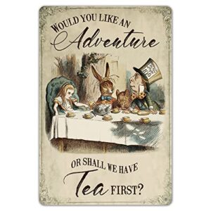 wallors unique plaques poster for bar garage man cave home wall decor alice in wonderland – shall we have tea first tin sign 8 x 12 metal signs vintage funny