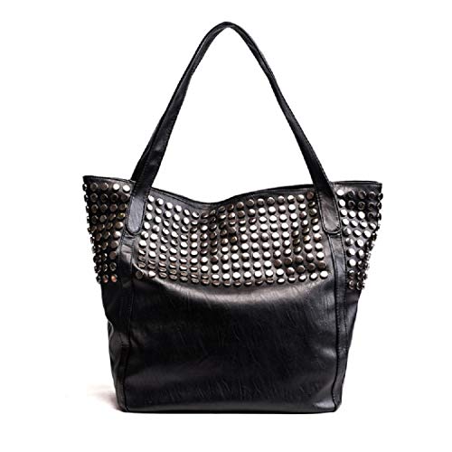 Ro Rox Women's Faux Leather PU Punk Studded Shopper Large Tote Shoulder Day Bag - Black